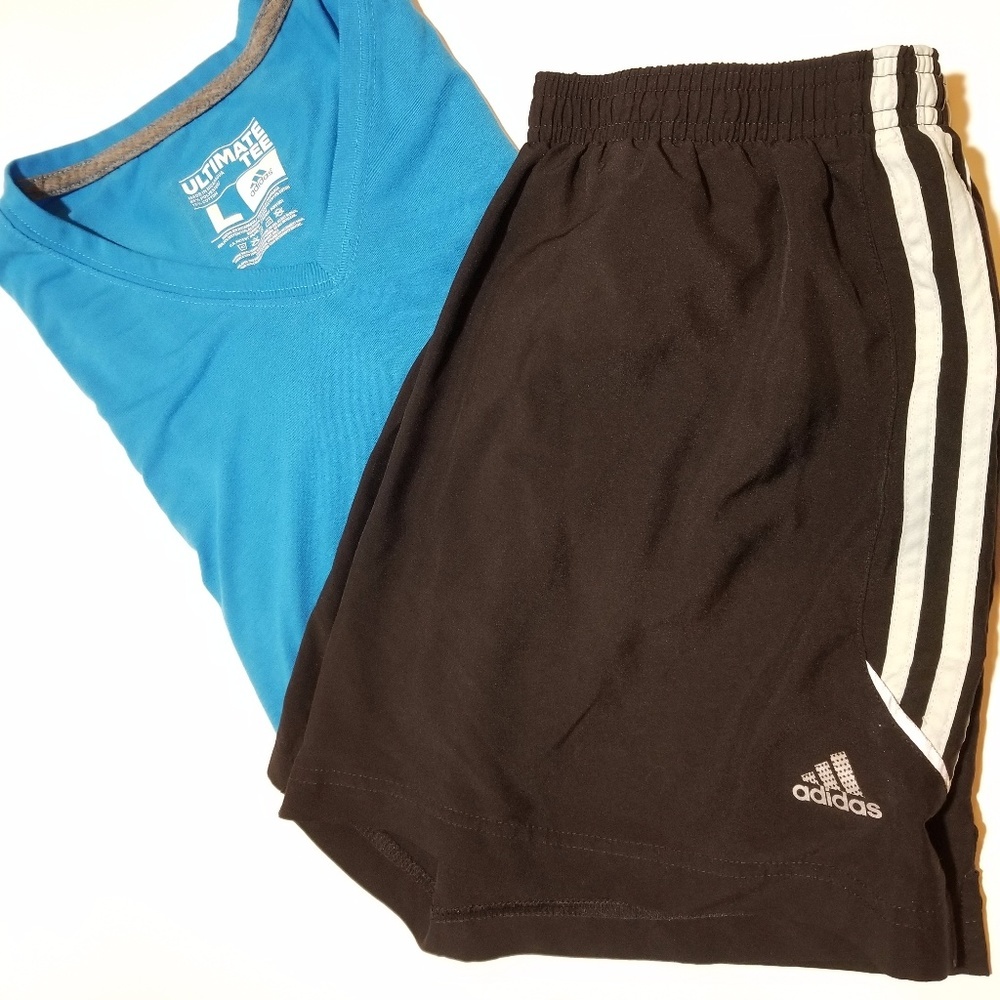 Blue Adidas Ultimate Tee and Black Adidas Shorts